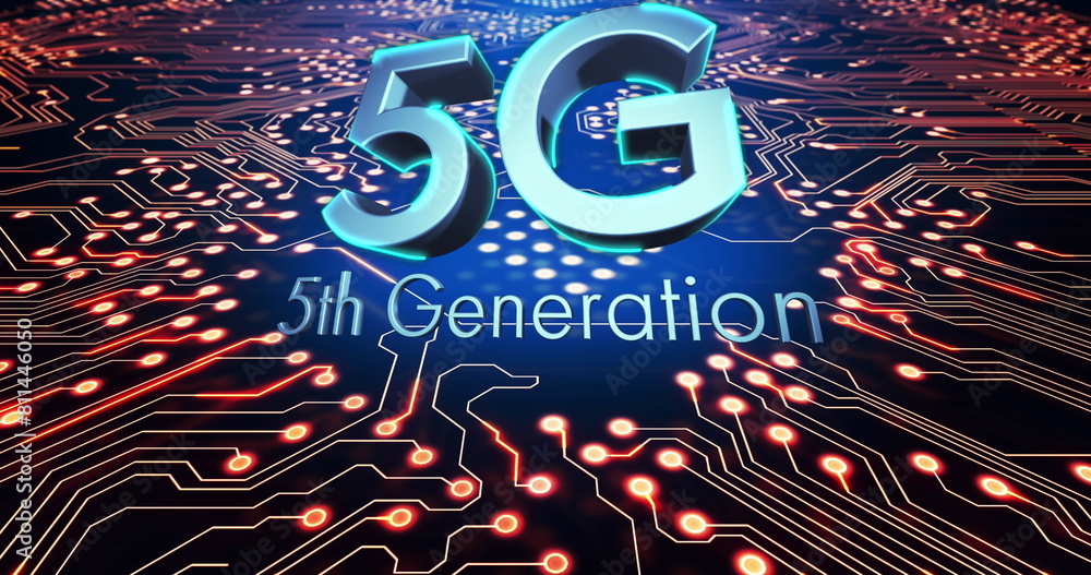Poster digital image of 5g text against microprocessor connections on blue background