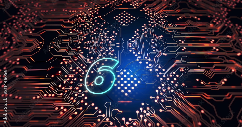 Poster digital image of 6g text against microprocessor connections on blue background