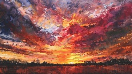 Artistic watercolor capturing the vibrant hues of a sunset sky, reds and golds reflecting off a distant horizon in a picturesque scene