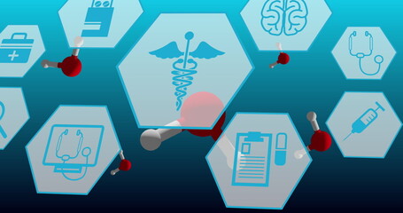 Image of medical icons and molecules on blue background