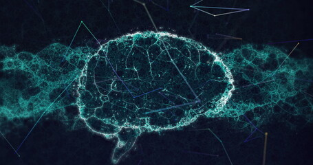 Image of data processing and brain on black background