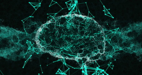 Image of data processing and brain on black background
