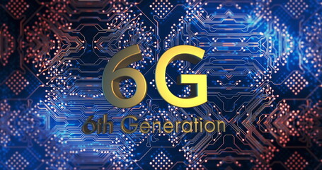 Digital image of 6g text banner spinning against microprocessor connections on blue background
