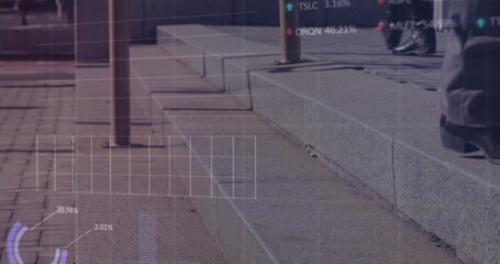 Image of financial data processing with numbers over diverse people walking on street