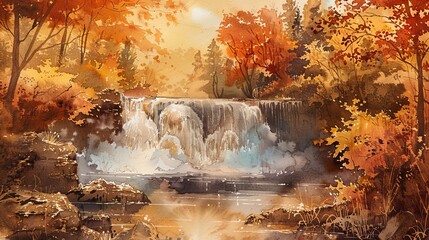 Artistic watercolor depicting a picturesque waterfall surrounded by a forest in autumn, rich golds and reds creating a breathtaking scene