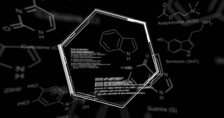 Image of data processing and shapes on black background