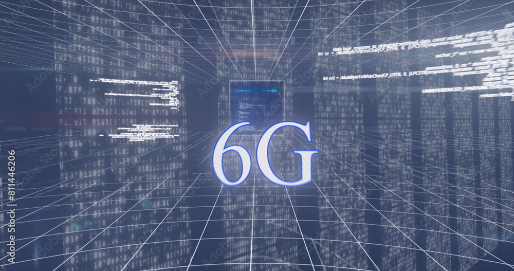 Poster digital image of multiple screens with data processing against blue background