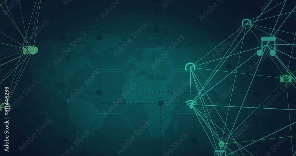 Poster image of network of connections with icons over world map on green background