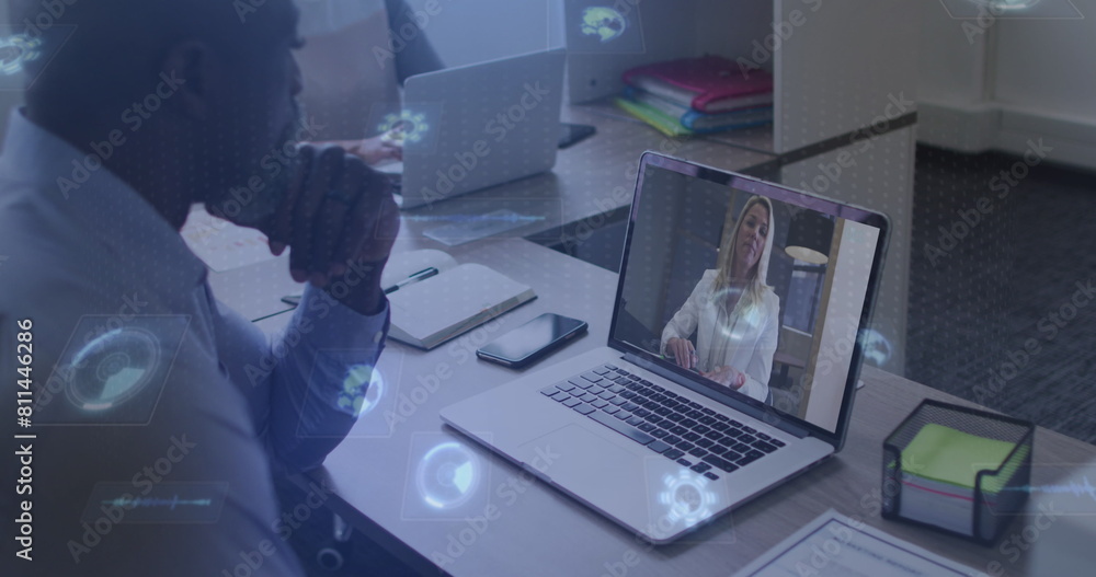 Poster image of data processing over diverse business people having image call in office