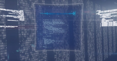 Digital image of multiple screens with data processing against blue background