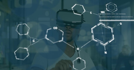 Image of data processing and media icons over biracial man using vr headset