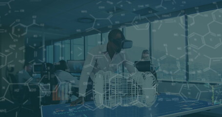 Image of medical icons over african american businessman using vr headset