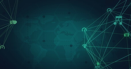 Image of network of connections with icons over world map on green background