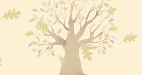 Obraz premium Image of happy thanksgiving text day over tree and autumn leaves on yellow background