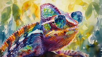 Artistic watercolor of a colorful chameleon with sunglasses on its head, its scales radiating a vibrant rainbow of hues against a sunlit jungle