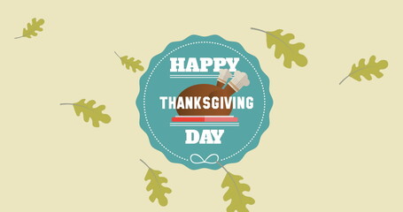 Image of happy thanksgiving text over turkey on blue circle and autumn leaves on green