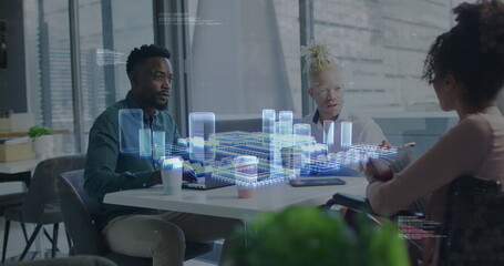 Image of data processing and digital city over diverse business people in office