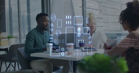 Image of data processing and digital city over diverse business people in office