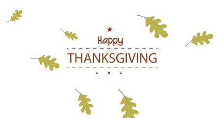 Image of happy thanksgiving text over autumn leaves on white background