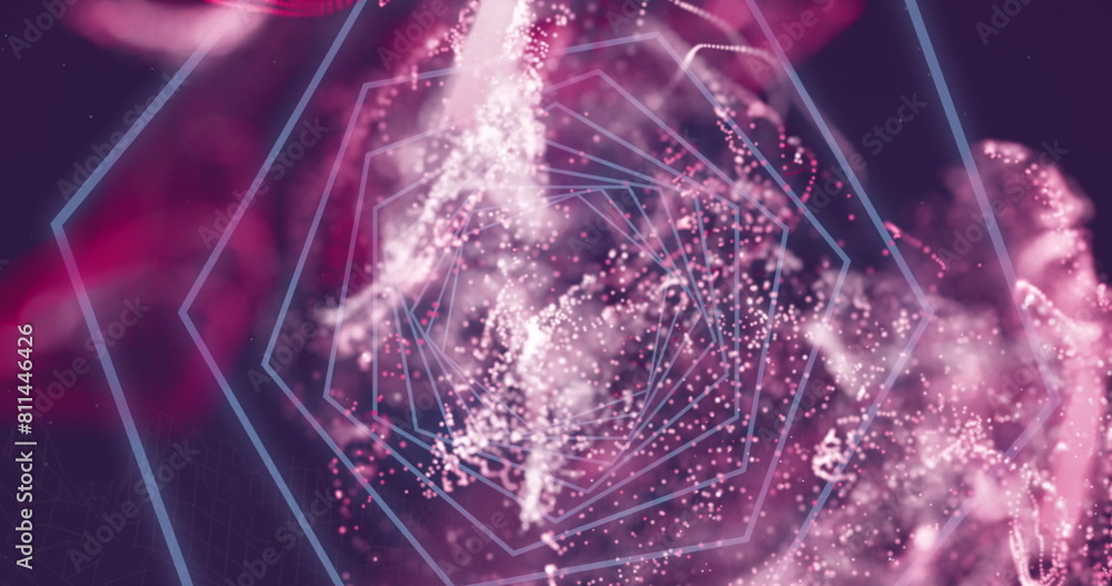 Poster image of hexagonal tunnel in seamless pattern over pink digital waves against purple background