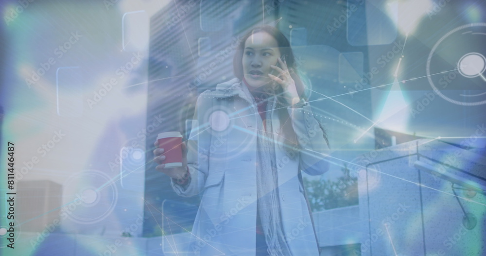 Poster image of network of connections with globe and data over biracial woman using smartphone