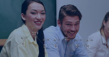 Image of mathematical equations over schoolchildren using computers