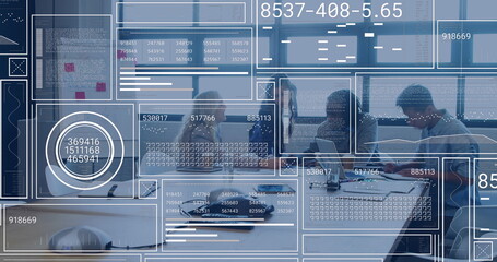 Image of data processing on digital screens over diverse businesspeople in office