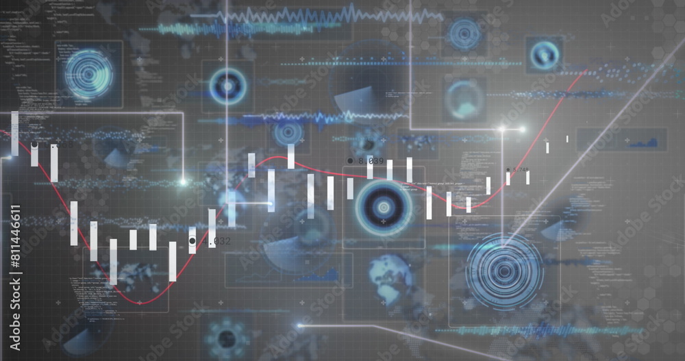Poster image of falling dots forming lines, programming language and graphs over infographic interface