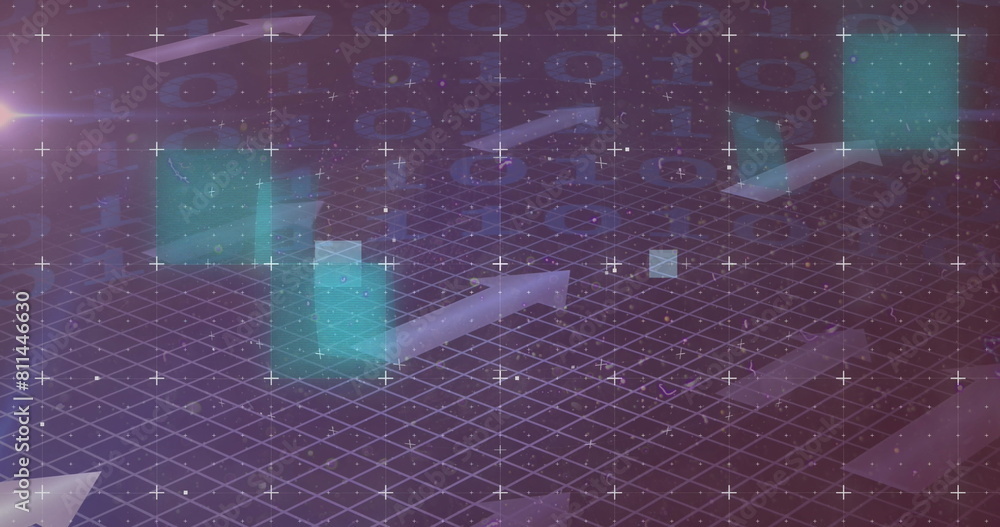 Poster image of multicolored glitch technique, square, arrows and circle over binary codes