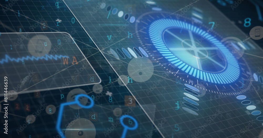 Poster image of digital circle, floating icons and programming language over abstract background