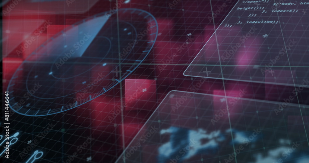 Poster image of data processing over squares on black background