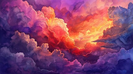Fototapeta premium Artistic watercolor of large, fluffy clouds lit by the last rays of sunset, the sky blending deep purples and reds to create a dramatic, miraculous effect