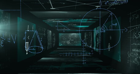 Image of light trails over mathematical equations on black background