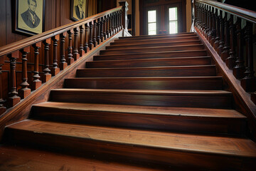 "Creaky wooden staircase in a historic colonial building, lined with portraits of historical residents."