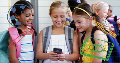Image of school icons over diverse schoolchildren smiling