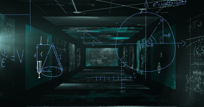 Image of light trails over mathematical equations on black background - Powered by Adobe