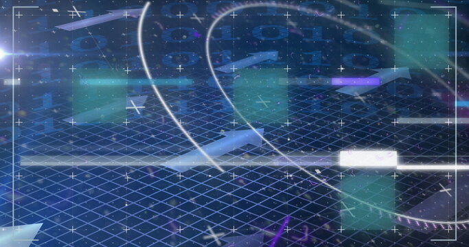 Image of glitch technique with circles, arrows and lens flare over binary codes