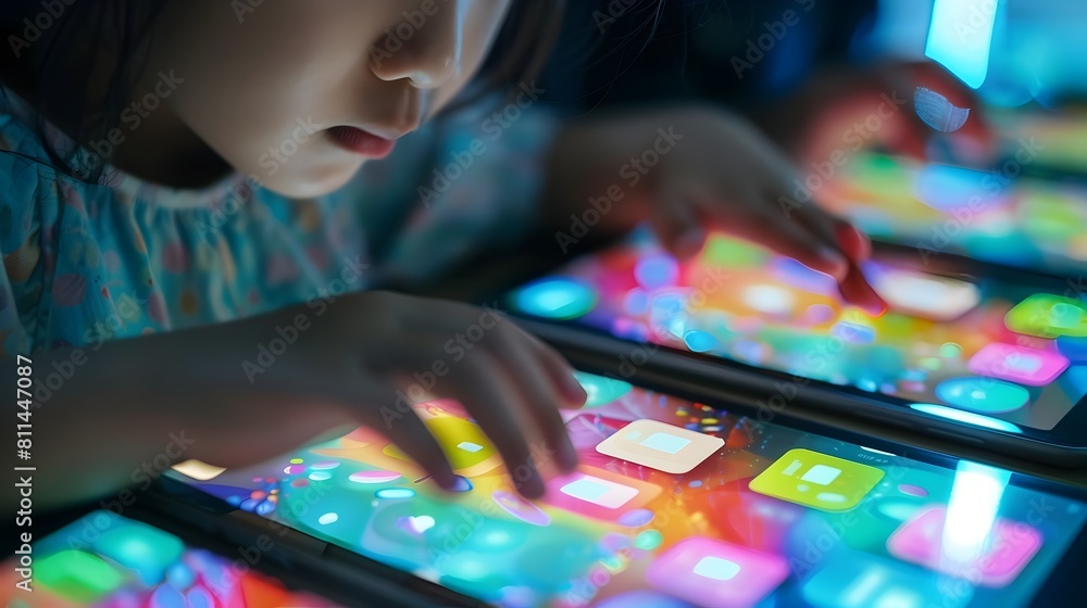 Poster diverse asian children coding and developing mobile apps on colorful tablet screens