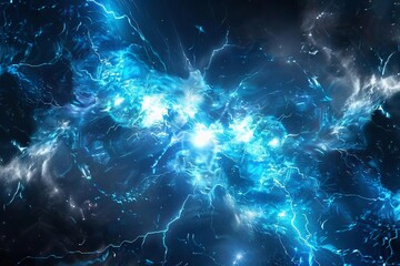 cosmic blue nebula with lightning and quantum fractal energy abstract explosion