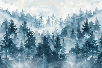 delicate handpainted watercolor seamless pattern featuring misty forest landscape nature illustration