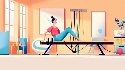 Graceful movements of woman in tranquil Pilates session with essential accessories