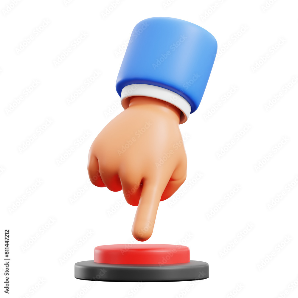 Poster hand push down red button to activate work action 3d icon illustration render design