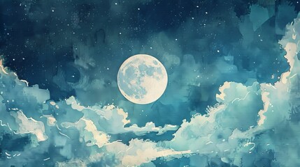 Delicate watercolor painting of a full moon peeking through scattered clouds, the night air filled with a sense of magic and wonder