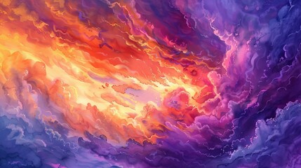 Artistic watercolor sunset scene with swirling clouds lit up in hues of purple, orange, and red, the radiant sky invoking awe and wonder