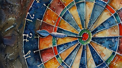 Close-up watercolor of a dart bullseye shot, capturing the metallic sheen of the dart against the colorful dartboard