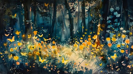 Delicate watercolor depiction of fireflies creating magical light patterns in the darkness of the forest, casting whimsical shadows on the underbrush