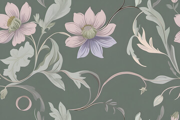 A floral seamless pattern in a muted color palette of sage green.