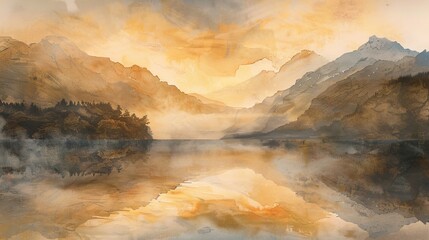Fototapeta premium Delicate watercolor of a mountain lake reflecting a golden sunset, the misty atmosphere adding a layer of calm and mystery