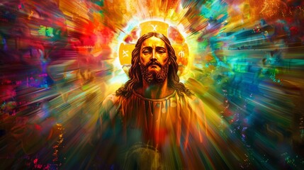 Abstract background with vibrant hues surrounding a central depiction of Jesus