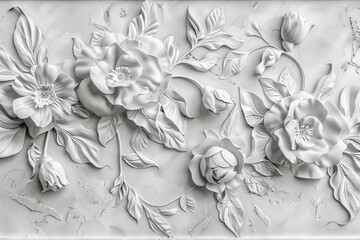intricate volumetric floral pattern on light textured plaster wall decorative interior design digital illustration